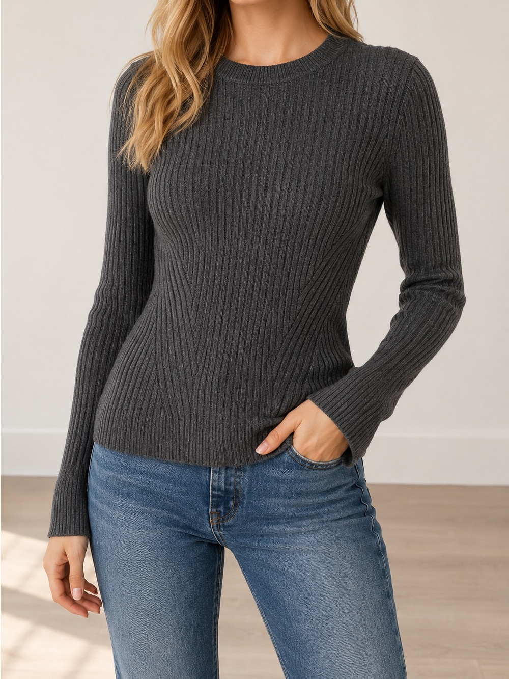 Abercrombie & Fitch Gray Ribbed Fitted Sweater Bell Sleeve M